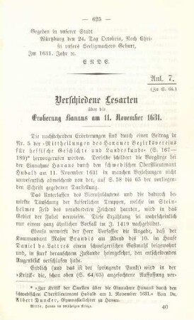 Anl. 7. Verschiedene Lesarten über die Eroberung Hanaus am 11. November 1631.