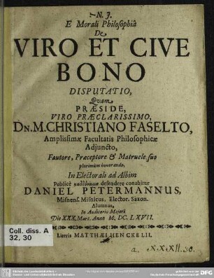 Ex morali philosophia de viro et cive bono disputatio