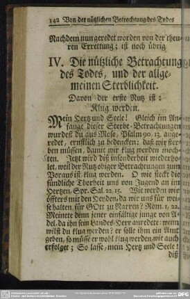IV. Die nützliche Betrachtung des Todes, und der allgemeinen Sterblichkeit