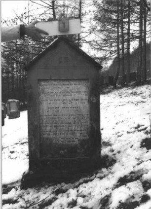 Grabstein 1 (Index: 99608685) Material: Sandstein Zustand: gut Maße HxBxT: 121x60x13 cm Beschreibung: Stele auf Sockel, überstehender Spitzgiebel, vertiefter Textteil: Grabstein 1