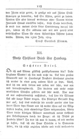 XII. Mosje Christians Briefe über Hamburg. Sechster Brief.
