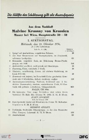 I. Auktionstag: Mittwoch, den 21. Oktober 1936, ab 3 Uhr nachmittags (Nr. 1-180)
