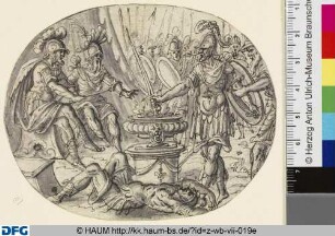 Sechs Zeichnungen zur römischen Geschichte: a) Kampf der Horatier gegen die Curiatier; b) Marcus Curtius; c) Horatius Cocles; d) Marcus Valerius; e) Mucius Scaevola; f) Titus Manlius