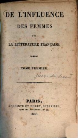 De l'influence des femmes sur la littérature française, 1