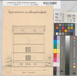 Burgsteinfurt (Steinfurt) Gymnasium Seitenansicht 1880 1 : 100 35,5 x 26 kol. Zeichnung halbes Blatt Staatshochbauamt Münster