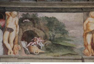Freskendekoration mit Scheinarchitektur, fingierten Statuen, Figuren der Antike, Landschaften und mythologischen Szenen, Raub der Proserpina durch Pluto