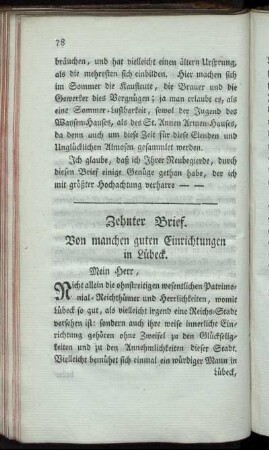 Zehnter Brief. Von manchen guten Einrichtungen in Lübeck.
