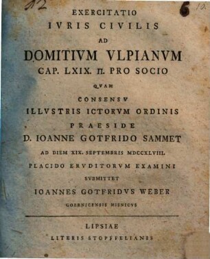 Exercitatio Ivris Civilis Ad Domitivm Vlpianvm, Cap. LXIX. p. Pro Socio