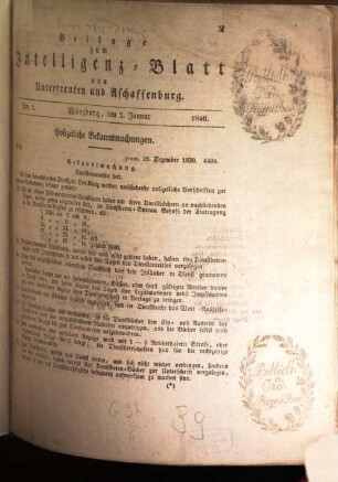 Intelligenzblatt von Unterfranken und Aschaffenburg des Königreichs Bayern. 1840, [a]. Beil.