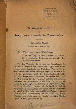 Ueber die Töpfer'schen Materialien für die bayerische Kriegsgeschichte des 18. Jahrhunderts
