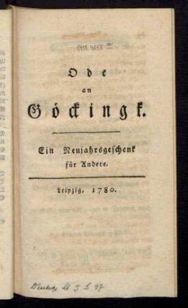 Ode an Göckingk : Ein Neujahrsgeschenk für Andere