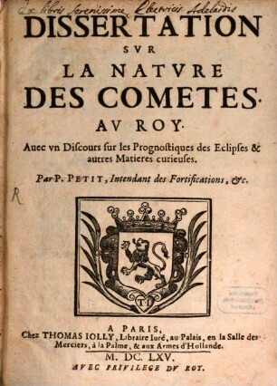 Dissertations sur la nature des cometes