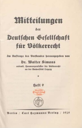 9.1929: Mitteilungen der Deutschen Gesellschaft für Völkerrecht