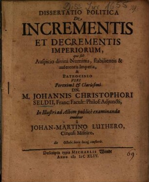Dissertatio Politica De Incrementis Et Decrementis Imperiorum