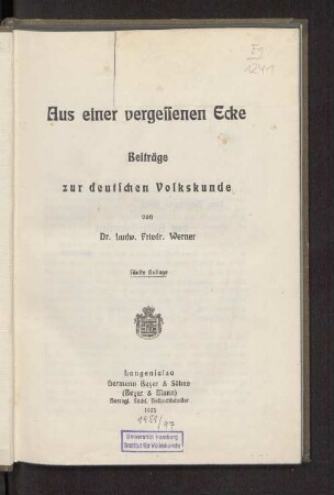 1: Aus einer vergessenen Ecke : Beiträge zur deutschen Volkskunde