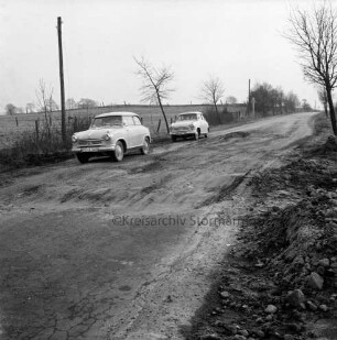 Landstraße zwischen Elmenhorst und Todendorf, in der Nähe von Bargteheide, Tremsbüttel und Hammoor mit Pkws: Frostschäden: im Hintergrund Wiesen