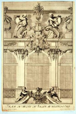 Der Zwinger in Dresden, Mittelfenster in der zweiten Etage eines Pavillons mit Skulpturen, Fassadenaufriss aus dem Kupferstichwerk zum Dresdner Zwinger von Matthäus Daniel Pöppelmann