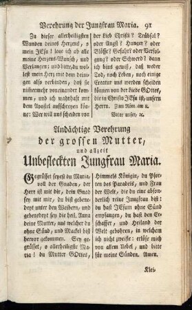 Andächtige Verehrung der grossen Mutter, und allzeit Unbefleckten Jungfrau Maria.