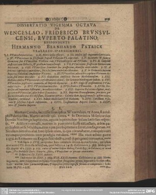 Dissertatio Vigesima Octava De Wenceslao, Friderico Brunsvicensi, Ruperto Palatino. Respondente Hermanno Bernhardo Patrick Trarbaco-Spanheimensi