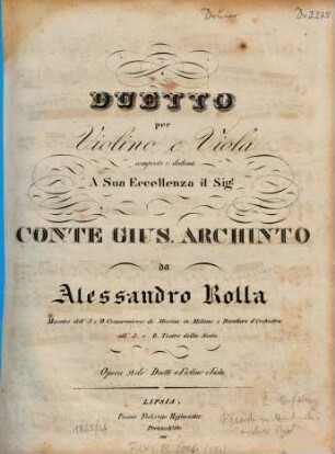 Duetto per violino e viola : opera 9. de' duetti a violino e viola