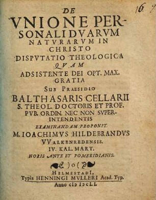 De Vnione Personali Dvarvm Natvrarum In Christo : Disputatio theologica