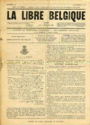 Illegale Wochenzeitung aus dem besetzten Belgien "La Libre Belgique" u.a. zu den Intentionen und Zielen von "La libre Belgique" und zur Def. der "deutschen Gerechtigkeit"