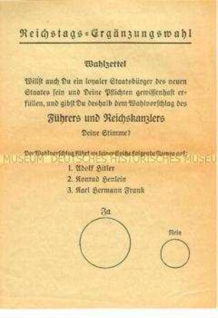 Wahlschein der "Sudetendeutschen Ergänzungswahl zum Großdeutschen Reichstag" (blanko)