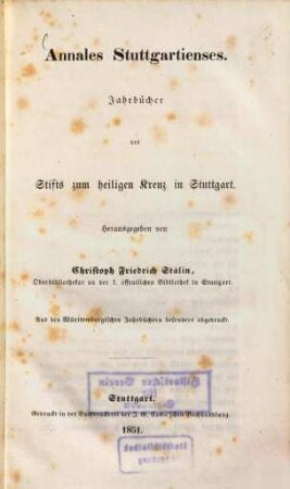 Annales Stuttgartienses : Jahrbücher des Stifts zum heiligen Kreuz in Stuttgart
