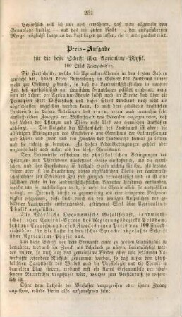 Preis-Aufgabe für die beste Schrift über Agricultur-Physik.