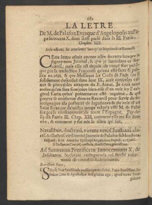 La Letre De M. de Palafox Evesque d'Angelopolis au Pape Innocent X. ...