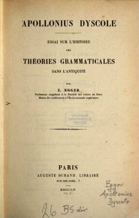 Apollonius Dyscole : essai sur l'histoire des théories grammaticales dans l'antiquité