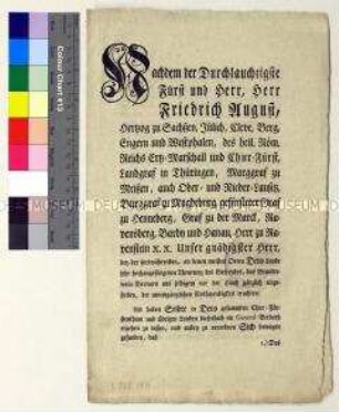 Patent von Hieronymus Friedrich von Stammer Landvogt der Oberlausitz zur Publikation des Mandats von Friedrich August III. Kurfürst von Sachsen gegen das Brennen von Alkohol