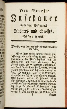 Der neueste Zuschauer nach dem Geschmack Rabners und Swifts. Eilftes Stück.