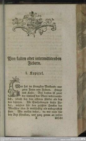 Von den kalten oder intermittirenden Fiebern. I. Kapitel
