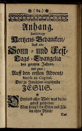 Andächtige Hertzens-Gedancken, Auff alle Sonn- und Fest-Tags-Evangelia des gantzen Jahres.