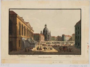 Der Neumarkt in Dresden nach Osten, mit Blick auf die alte Gemäldegalerie (Johanneum, Stallgebäude) und die Frauenkirche
