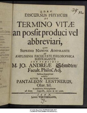 Discursus Physicus De Termino Vitae an possit produci vel abbreviari