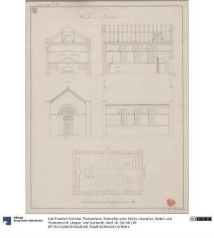Peckelsheim. Entwurf zu einer Kirche. Grundriss, Seiten- und Vorderansicht, Längen- und Querprofil