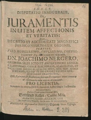 Disputatio Inauguralis, De Iuramentis In Litem Affectionis Et Veritatis
