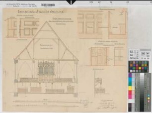 Bad Sassendorf (Bad Sassendorf) innerer Ausbau der ev. Kirche Bänke, Orgelempore Ansicht, Schnitt 1904 1 : 10/50 55 x 65 kol. Zeichnung Meyer, Baurat Staatshochbauamt Soest