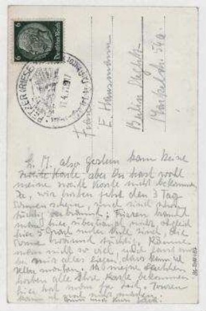 Ansichtspostkarte von Vera Hausmann an Elfriede Hausmann. [Poststempel: Petzer/Riesengebirge]