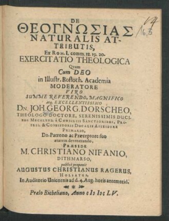 De Theognōsias Naturalis Attributis, Ex Rom. I. comm. 18. 19. 20. Exercitatio Theologica
