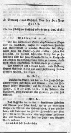 Gesetzentwurf über den Hausier-Handel