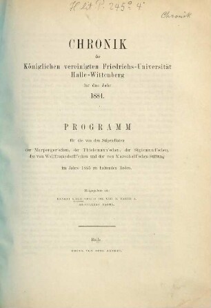 Chronik der Martin-Luther-Universität Halle-Wittenberg in Halle (Saale). 1884
