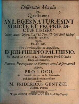 Diss. mor. de quaestione: an leges naturae sint stricte et proprie dictae leges?