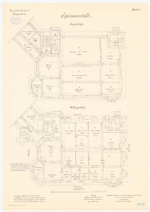 Kriegsschule der Garnison Potsdam: Speiseanstalt: Grundriss Keller, Erdgeschoss 1:100