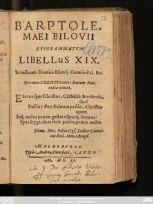 19: Barptholomaei Bilovii Epigrammatum Libellus ...