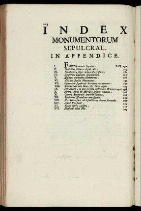 Index Monumentorum Sepulcral. In Appendice