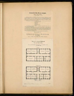 Rathaus, Calau Monatskonkurrenz März 1879: Text der Aufgabe; Grundriss Erdgeschoss, Obergeschoss (und Maßstabsleiste) des alten Rathauses als Grundlage der Planung