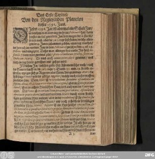 Das Erste Capittel/ Von den Regierenden Planeten dieses 1592. Jars.